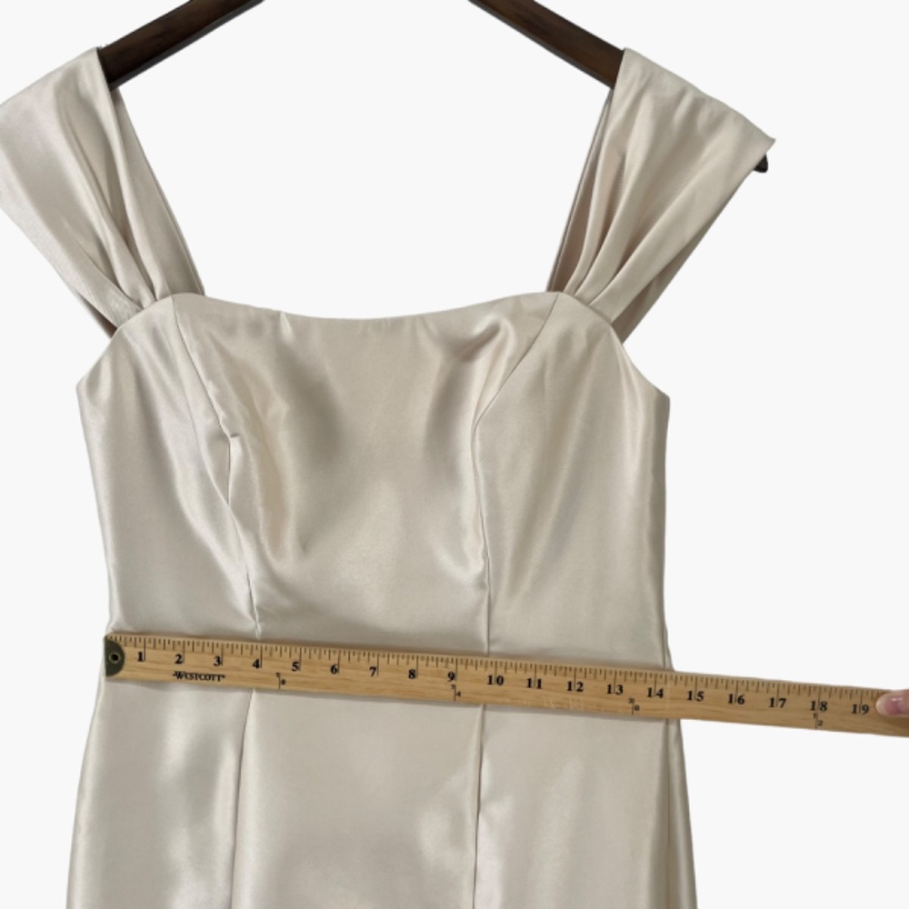 Alfred Sung Champagne Beige Off the Shoulder Bow Back Satin Dress - Picture 9 of 10
